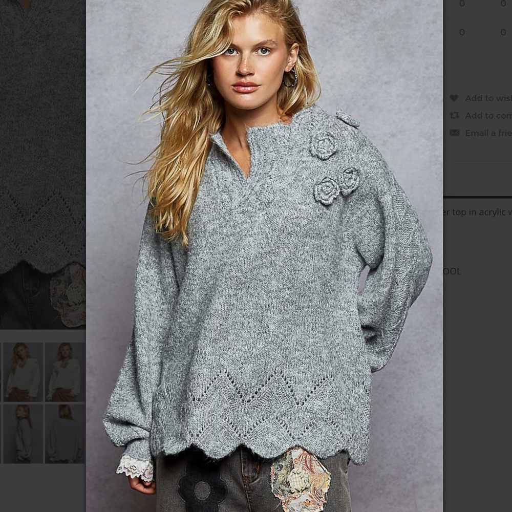💕POL “ Kendra “ POL Handmade V-Neck Sweater with 3D Flowers and Lace Ruffle 78 - Picture 2 of 5